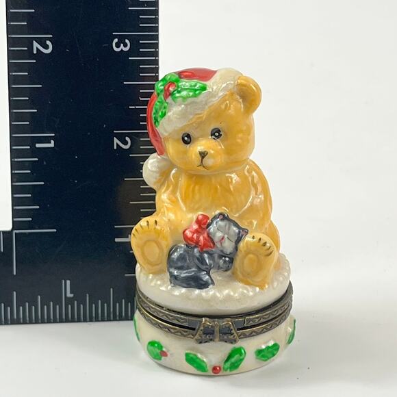 Porcelain Bear Trinket Box Christmas Santa Hat Kitten Holly Hinged Lid Decor - Picture 9 of 9
